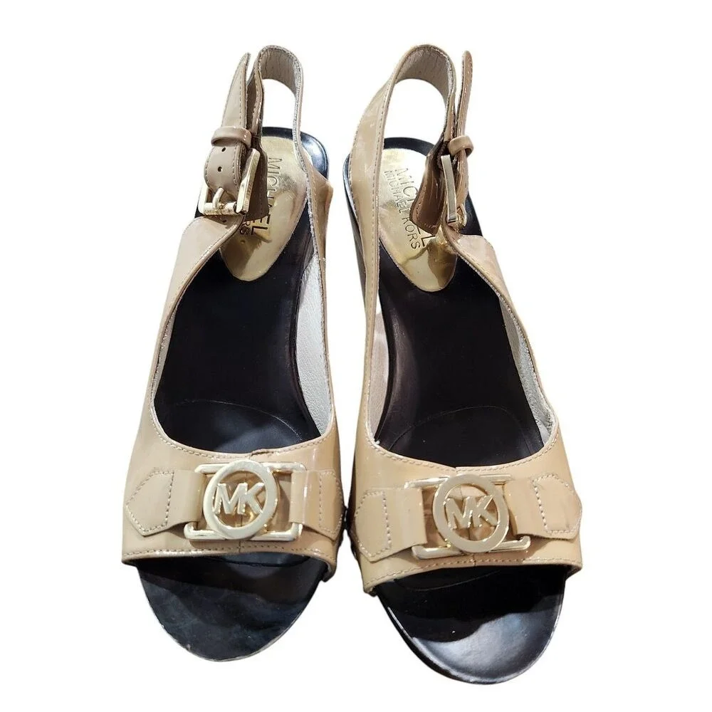 Michael Kors MK Logo Slingback Wedge Sandals Tan Patent Leather 7